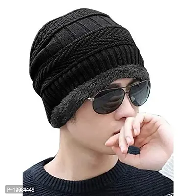 Smartlife Innovation Snow Proof Inside Fur Wool Unisex Beanie Cap with Neck Warmer Set Knit Hat Thick Fleece Lined Winter Hat for Men & Women (Black)-thumb3