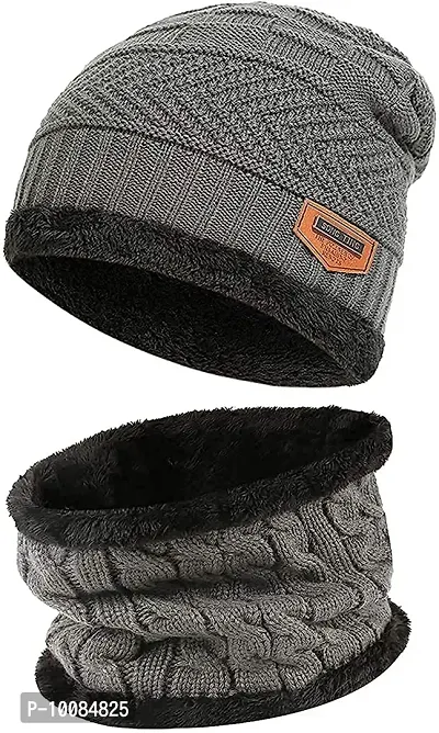 Aenon Fashion Winter Knit Neck Scarf and Warm Beanie Cap Hat Combo for Men and Women (Pack of 1 Set) Color Grey-thumb0