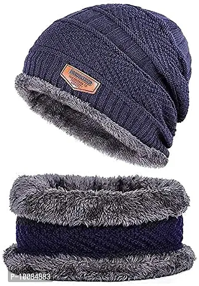 Soft Unisex Woolen Beanie Cap Plus Muffler Scarf,Snow Proof Inside Fur Wool Unisex Beanie Cap with Neck Warmer Set Knit Hat Thick Fleece Lined Winter Cap for Men & Women (Blue)-thumb0