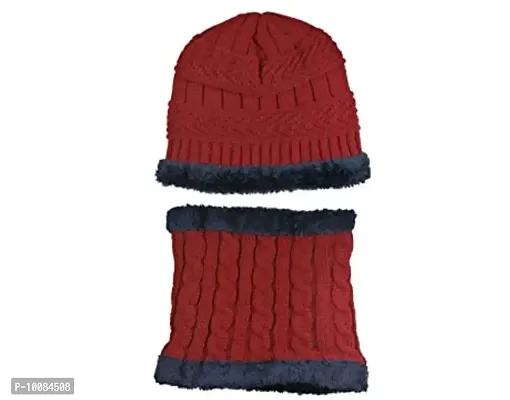 Standard 2Pcs Kids Girl's Winter Warm Knitted Cap with Fleece Scarf Set|Neckwarmer|Fleece Lining Cap with Neckwarmer (Red,Freesize)-thumb4