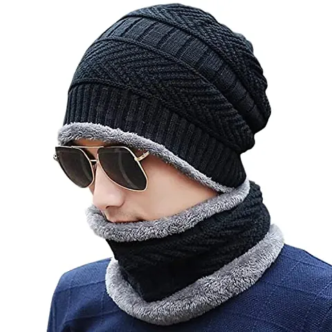 Ultra Soft Unisex Beanie Cap with Neck Warmer for Men Women.BLACK