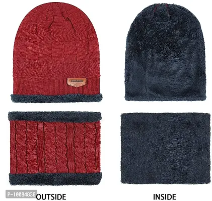Aenon Fashion Snow Proof Winter Cap for Men Inside Fur Wool Unisex Beanie Cap with Neck Warmer Set Knit Hat Thick Fleece Lined Winter Hat for Men & Women (Pack of 2 Pcs). Black (Orange)-thumb4