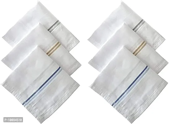 Aenon Fashion 100% Cotton Premium Collection Handkerchiefs Hanky For Men White Striped Printed Pattern Pack of 12 (White010)