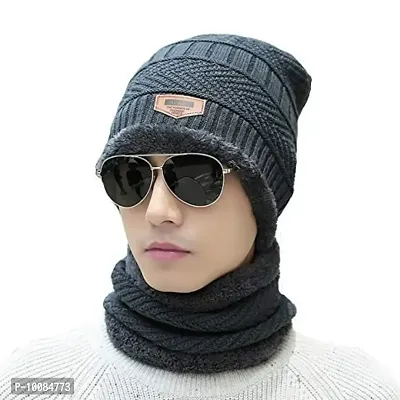 Woolen Beanie/Skull Cap & Neck Warmer (Muffler) Combo for Winters with Faux Fur Inner Side |Warm Hat| Hedging Hat Scarf Set | Winter Cap | Air Proof Cap | Woolen Cap | Ear Warmer Grey