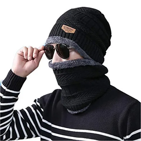 Smartlife Innovation Snow Proof Inside Fur Wool Unisex Beanie Cap with Neck Warmer Set Knit Hat Thick Fleece Lined Winter Hat for Men & Women