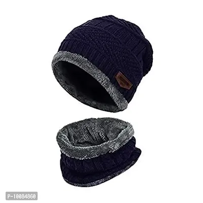 Aenon Fashion is my passion Winter Knit Beanie Woolen Cap Hat and Neck Warmer Scarf Set for Men & Women (2 Piece) (Blue)-thumb4