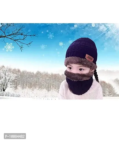 Ketkar Standard 2Pcs Kids Girl's Winter Warm Knitted Cap with Fleece Scarf Set|Neckwarmer|Fleece Lining Cap with Neckwarmer (Blue,Freesize)-thumb5