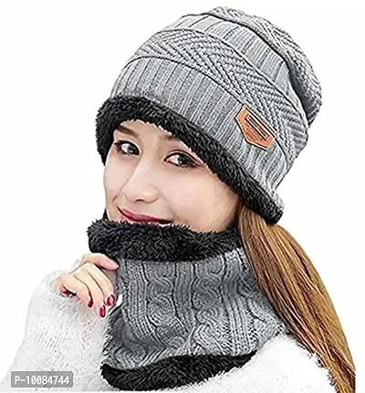 Women's Woolen Beanie Cap with Neck Muffler/Neckwarmer Free Size (Beige)-thumb0