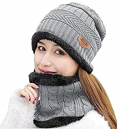 Women's Woolen Beanie Cap with Neck Muffler/Neckwarmer Free Size