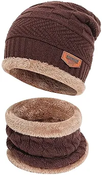 Aenon Fashion Winter Woolen Cap with Neck Scarf for Boys and Girls/Kids Winter Cap Pack of 2 Pcs (Maroon). (Brown)-thumb1