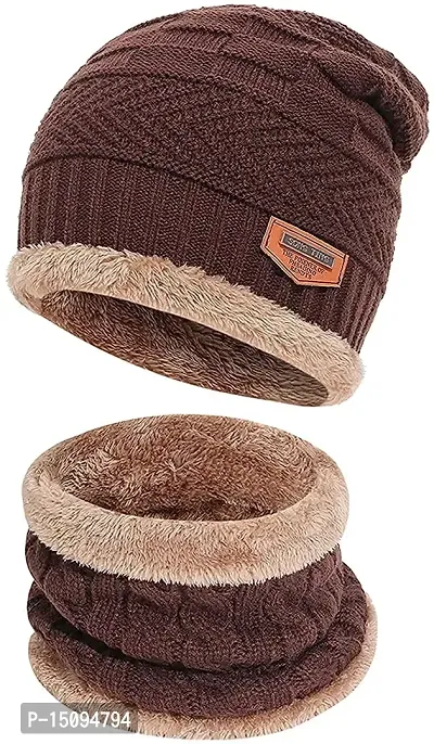 Aenon Fashion Winter Woolen Cap with Neck Scarf for Boys and Girls/Kids Winter Cap Pack of 2 Pcs (Maroon). (Brown)-thumb2
