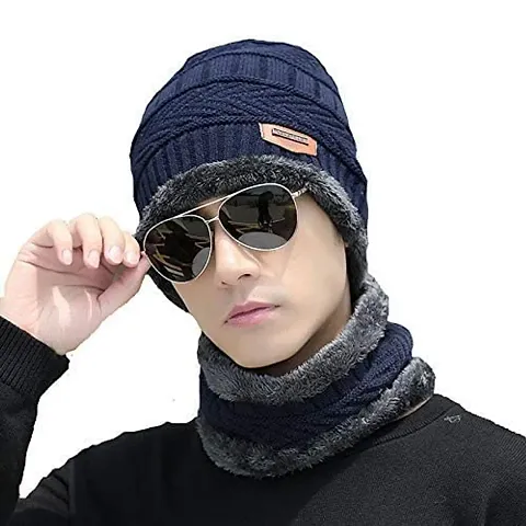 Aenon Fashion Snow Proof Winter Cap for Men Inside Fur Wool Unisex Beanie Cap with Neck Warmer Set Knit Hat Thick Fleece Lined Winter Hat for Men & Women (Pack of 2 Pcs). Black