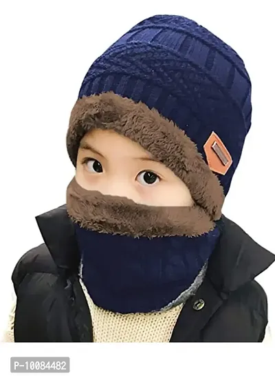 Ketkar Standard 2Pcs Kids Girl's Winter Warm Knitted Cap with Fleece Scarf Set|Neckwarmer|Fleece Lining Cap with Neckwarmer (Blue,Freesize)-thumb0