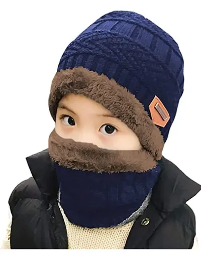 Ketkar Standard 2Pcs Kids Girl's Winter Warm Knitted Cap with Fleece Scarf Set|Neckwarmer|Fleece Lining Cap with Neckwarmer (Blue,Freesize)