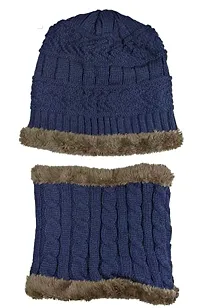 Ketkar Standard 2Pcs Kids Girl's Winter Warm Knitted Cap with Fleece Scarf Set|Neckwarmer|Fleece Lining Cap with Neckwarmer (Blue,Freesize)-thumb1