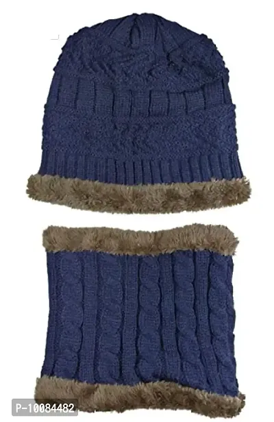 Ketkar Standard 2Pcs Kids Girl's Winter Warm Knitted Cap with Fleece Scarf Set|Neckwarmer|Fleece Lining Cap with Neckwarmer (Blue,Freesize)-thumb2
