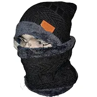 Soft Unisex Woolen Beanie Cap Plus Muffler Scarf,Snow Proof Inside Fur Wool Unisex Beanie Cap with Neck Warmer Set Knit Hat Thick Fleece Lined Winter Cap for Men  Women (Black)-thumb1