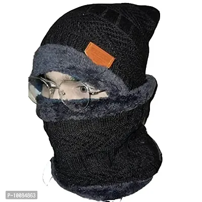 Soft Unisex Woolen Beanie Cap Plus Muffler Scarf,Snow Proof Inside Fur Wool Unisex Beanie Cap with Neck Warmer Set Knit Hat Thick Fleece Lined Winter Cap for Men  Women (Black)-thumb2