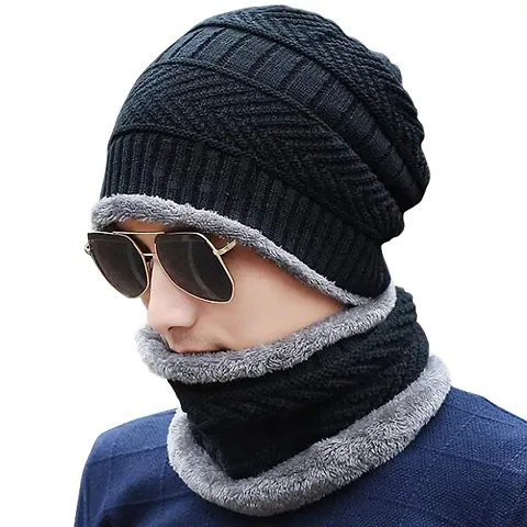 Aenon Fashion Snow Proof Inside Fur Wool Unisex Beanie Cap with Neck Warmer Set Knit Hat Thick Fleece Lined Winter Hat for Men & Women