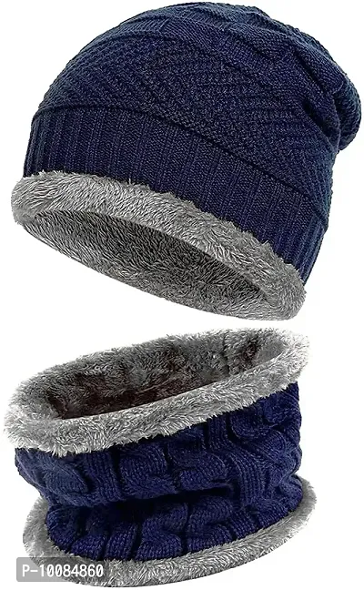 Aenon Fashion is my passion Winter Knit Beanie Woolen Cap Hat and Neck Warmer Scarf Set for Men & Women (2 Piece) (Blue)-thumb0