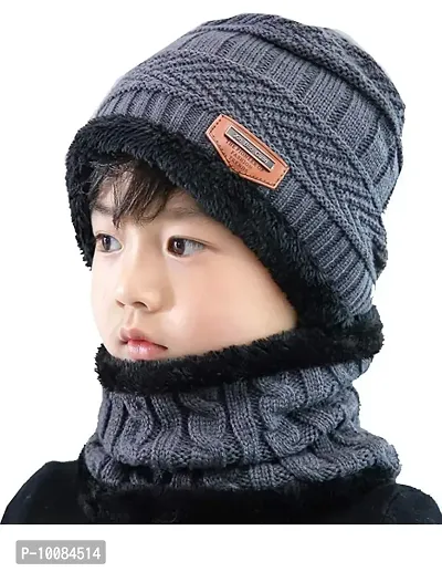 Standard 2Pcs Kids Boy's Winter Warm Knitted Cap with Fleece Scarf Set|Neckwarmer|Fleece Lining Cap with Neckwarmer (Grey,Freesize)