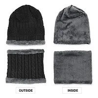 Woolen Beanie/Skull Cap & Neck Warmer (Muffler) Combo for Winters with Faux Fur Inner Side |Warm Hat| Hedging Hat Scarf Set | Winter Cap | Air Proof Cap | Woolen Cap | Ear Warmer Grey-thumb2