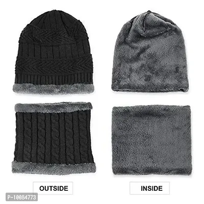 Woolen Beanie/Skull Cap & Neck Warmer (Muffler) Combo for Winters with Faux Fur Inner Side |Warm Hat| Hedging Hat Scarf Set | Winter Cap | Air Proof Cap | Woolen Cap | Ear Warmer Grey-thumb3