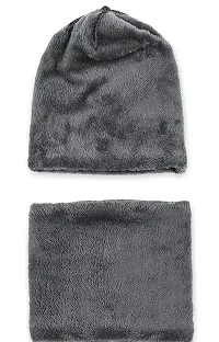 Standard 2Pcs Kids Boy's Winter Warm Knitted Cap with Fleece Scarf Set|Neckwarmer|Fleece Lining Cap with Neckwarmer (Grey,Freesize)-thumb2