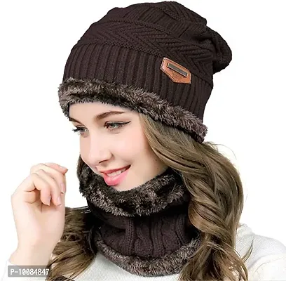 Aenon Fashion is my passion Mens Womens Winter Beanie Hats Scarf Set Warm Knit Hat Thick Fleece Lined Slouchy Cap Neck Warmer for Men Women Brown-thumb3