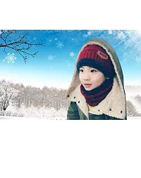 Standard 2Pcs Kids Girl's Winter Warm Knitted Cap with Fleece Scarf Set|Neckwarmer|Fleece Lining Cap with Neckwarmer (Red,Freesize)-thumb1