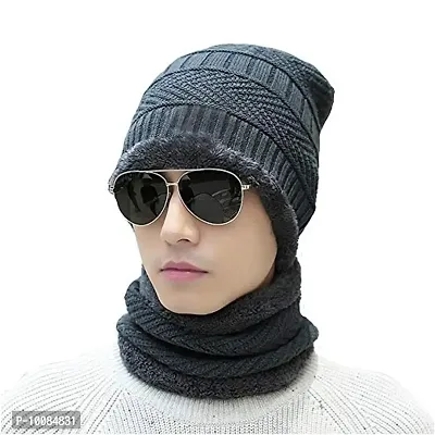 Aenon Fashion is my passion Winter Knit Beanie Woolen Cap Hat and Neck Warmer Scarf Set for Men & Women (2 Piece) (Grey)