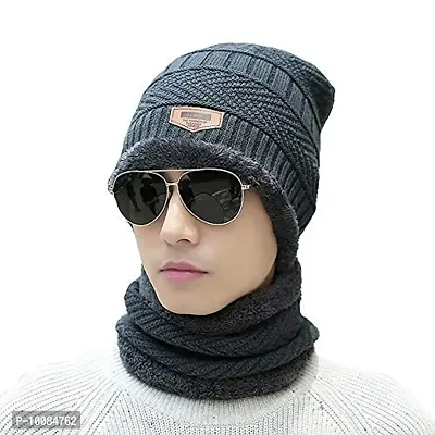 Winter Knit Beanie Woolen Cap Hat Woolen Neck Warmer Scarf Set for Men & Women Blue