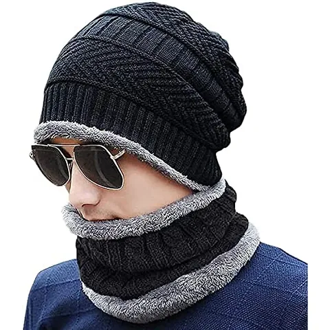 Parivrit Presents The Unisex Woolen Fur Cap Muffler Set | Ultra-Soft and Warm Colored Beanie Neck Warmer Muffler Scarf Set