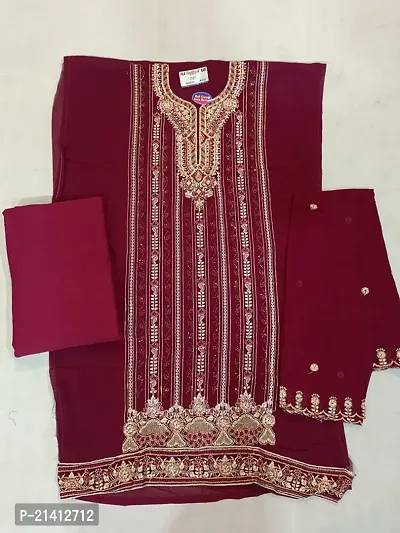 Elegant Red Georgette Embroidered Dress Material with Dupatta For Women