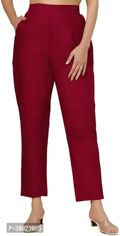 Elegant Red Cotton Linen Solid Trousers For Women