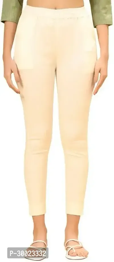 Elegant Beige Cotton Lycra Solid Trousers For Women-thumb0