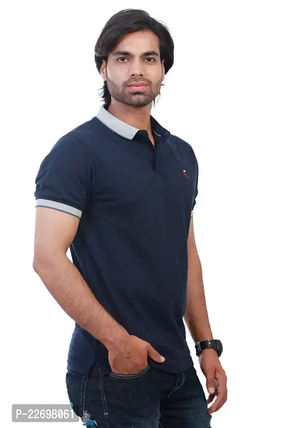 Reliable Navy Blue Cotton Solid Polos For Men-thumb0