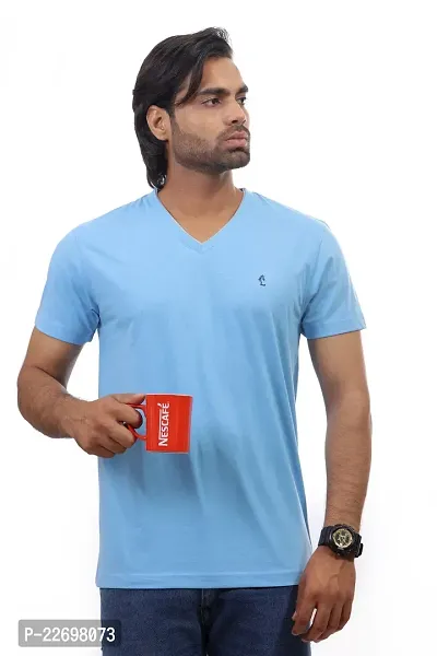 Reliable Blue Cotton Solid V Neck Tees For Men-thumb0