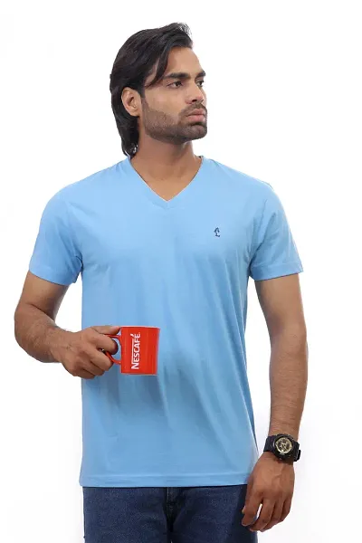 Reliable Blue Cotton Solid V Neck Tees For Men