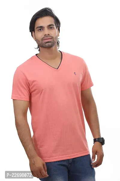 Reliable Peach Cotton Solid V Neck Tees For Men