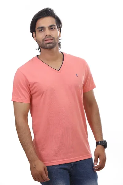 Reliable Peach Cotton Solid V Neck Tees For Men