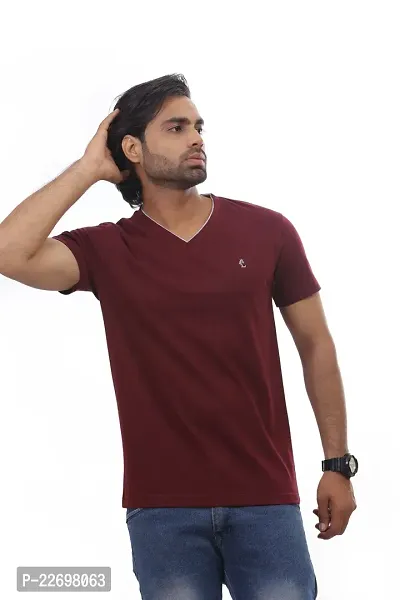 Reliable Maroon Cotton Solid V Neck Tees For Men