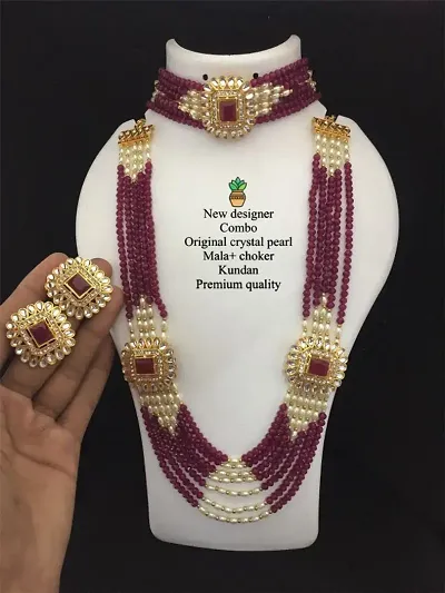 Women Beautiful Designer Combo Crystal Pearl Mala+ Bracelet kundan Jewellery Set