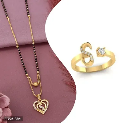 Beautiful Micro Gold Plated American Diamond Beautiful Love Heart Shape Daily wear Yellow Ring And Manglsutra Combo for Women and Girls(PACK OF 2)