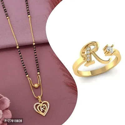 Beautiful Micro Gold Plated American Diamond Beautiful Love Heart Shape Daily wear Yellow Ring And Manglsutra Combo for Women and Girls(PACK OF 2)-thumb0