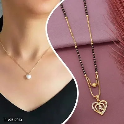 Beautiful Micro Gold Plated American Diamond Beautiful Love Heart Shape Daily wear Necklace And Manglsutra Combo for Women and Girls(PACK OF 2)-thumb0