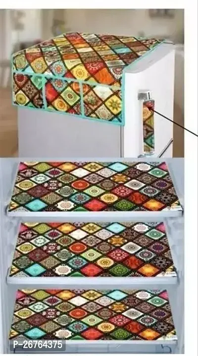 Fridge Combo Rangoli 1Pc Fridge Cover For Top With 6 Utility Pockets 3 Fridge Mats Set Of 4 Pices-thumb0