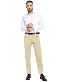 Classic Beige Polyester Blend Solid Mid-Rise Formal Trouser For Men-thumb1