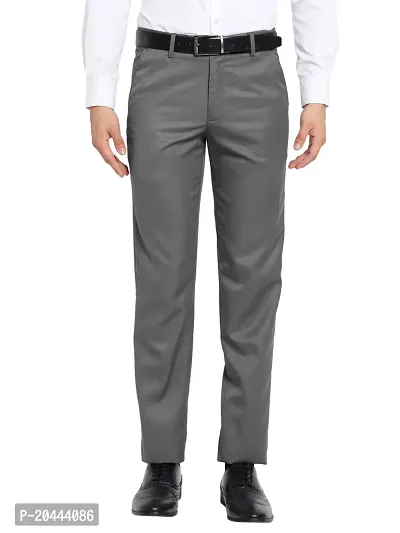Classic Grey Polyester Blend Solid Mid-Rise Formal Trouser For Men
