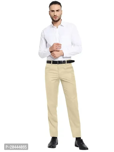 Classic Beige Polyester Blend Solid Mid-Rise Formal Trouser For Men-thumb2